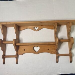 Vtg Wood Trinket Shelf Heart Cutout Plates Farmhouse Cottagecore 36" Grannycore